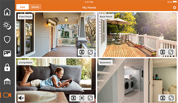 Mobile app showing different video camera views in a home security system